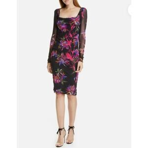 New FUZZI Black Paradise Floral Embroidered Mesh Bodycon Dress XS